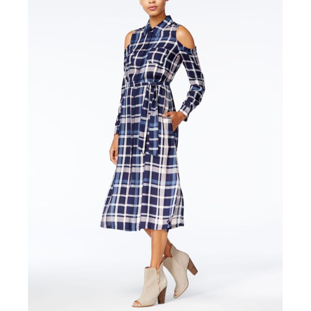 Maison Jules Cold Shoulder Plaid Midi Dress